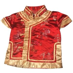 Shanghai Soho Satin Red And Gold Flower Design Kimono Child’s  Size 0 Pre-Owned